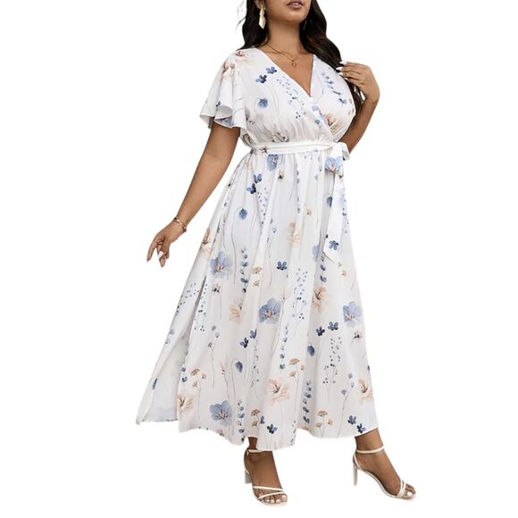 Floral Midi Plus-Size Dress V-Neck Belted Waist White Blue Spring Size 20 - Picture 3 of 7